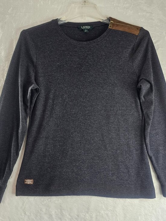 Lauren Ralph Lauren Sweaters - Lauren Ralph Lauren Sweater Top Size XL Gray Elbow Patch Zip Shoulder Crewneck